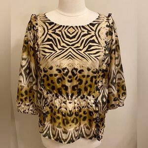 Johnny Was Aisha Brown Cream Animal Print SZ M Safari Boho Chic Silk Ruffle Top